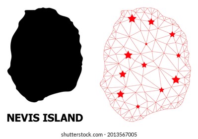 2D polygonal and solid map of Nevis Island. Vector structure is created from map of Nevis Island with red stars. Abstract lines and stars form map of Nevis Island.