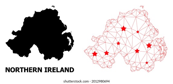 2D polygonal and solid map of Northern Ireland. Vector structure is created from map of Northern Ireland with red stars. Abstract lines and stars form map of Northern Ireland.