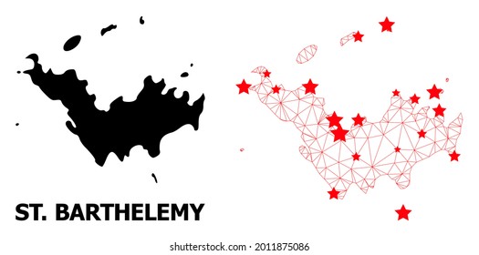 2D polygonal and solid map of Saint Barthelemy. Vector model is created from map of Saint Barthelemy with red stars. Abstract lines and stars form map of Saint Barthelemy.