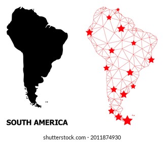 2D polygonal and solid map of South America. Vector model is created from map of South America with red stars. Abstract lines and stars are combined into map of South America.