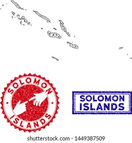 2D polygonal Solomon Islands map and grunge seal stamps. Abstract lines and circle dots form Solomon Islands map vector model. Round red stamp with connecting hands.