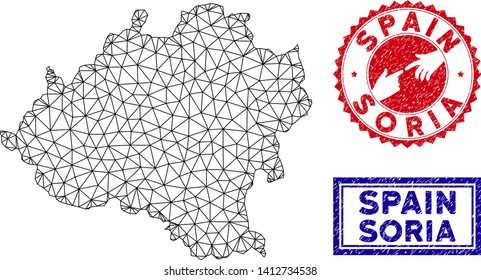 2D polygonal Soria Province map and grunge seal stamps. Abstract lines and circle dots form Soria Province map vector model. Round red stamp with connecting hands.