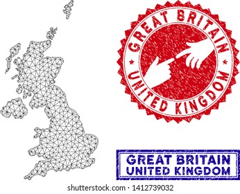 2D polygonal United Kingdom map and grunge seal stamps. Abstract lines and circle dots form United Kingdom map vector model. Round red stamp with connecting hands.