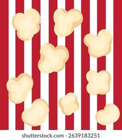 2d Popcorn movie theatre poster design. Classic entertainment color scheme with salty snacks in red and white striped popcorn bucket. Popcorn kernels flying in mid air. Vector illustration, EPS 10.