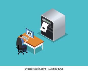 2D print vector concept. Young businessman using a computer to printing a car picture by 2d printer