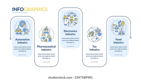 2D Produkthaftung Vektorgrafik Vorlage mit linearem Icons Konzept, Datenvisualisierung mit 5 Schritten, Prozesszeitdiagramm.