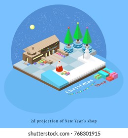 2D projection city with New Year shop and set gift box
