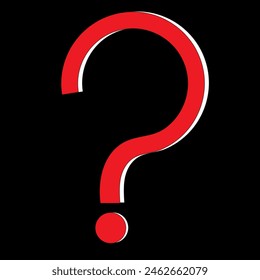 Signo de interrogación de color rojo 2d con una sombra blanca sobre un fondo negro.