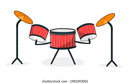 2D Red drum set crash base isolated on a white background Colorful 2d drums flat style vector illustration. Three Drums 2D Vector 