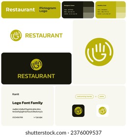 2D restaurant business logo with brand name. Welcoming hands and plate icon. Design element and visual identity. Creative template with kanit font. Suitable for food chain, bar, restaurant, eatery.