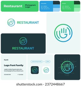 2D restaurant line business logo with brand name. Welcoming hands and plate icon. Creative design element and visual identity. Editable template with kanit font. Suitable for bar, restaurant, eatery.