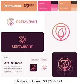 2D restaurant line business logo with brand name. Wineglass and candle icon. Design element and visual identity. Editable template with krub font. Suitable for bar, restaurant, food chain, eatery.