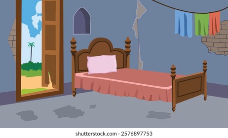 2d room for poor hut bedroom background, inside view of the house