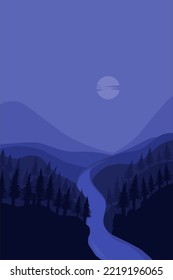 2d silhouette landscape album background with Pine forest and river