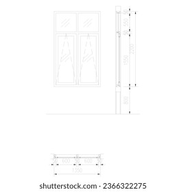 2D sketch of an aluminum or glass window with sections that have the size or dimensions of the image