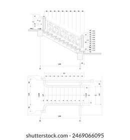 Boceto 2D del Plan del piso y vista lateral de una escalera clásica