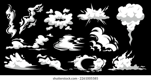 2D smoking silhouette. Fog drawing. Smoke comics explosion. Stream animation effect. Vapor puff. Dust and wind. Isolated fume clouds set. Vector garish cartoon illustration white mist