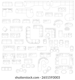 2D Sofa Vector Set, Various Sofa Shapes and Sets for Interior and Architectural Design Drawings