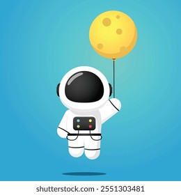 2D Space Man Cartoon with moon ballon in lovely funny style.