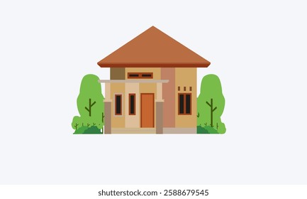 2D Story House Icon with a tree. White house, icon, symbol for real estate, sale, rent concepts. A modern banner for the advertisement of country houses. cartoon