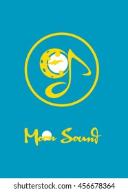 2D stylized colorful moon with bat and musical note on a colored background