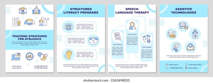 2D teaching strategies for dyslexics brochure template, leaflet design with thin linear icons, 4 vector layouts.