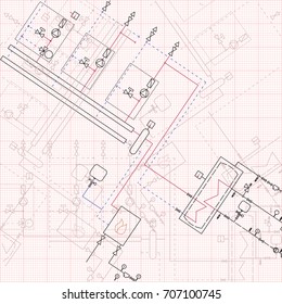 2d technical drawing gas boiler house. Vector illustration graph paper blueprint.