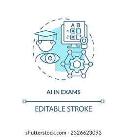 2D thin line blue icon representing AI in exams, isolated customizable vector illustration of innovation in education.