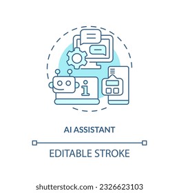 Icono azul de línea delgada 2D que representa a Ai asistente, ilustración vectorial aislada personalizable, innovación en educación.