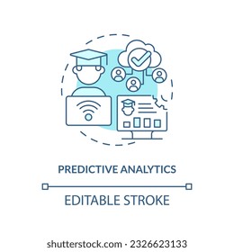 2D thin line blue icon representing predictive analytics in AI education, isolated customizable vector illustration, innovation in education.