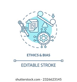 2D thin line blue icon representing ethics and bias in AI education, isolated customizable vector illustration, innovation in education.