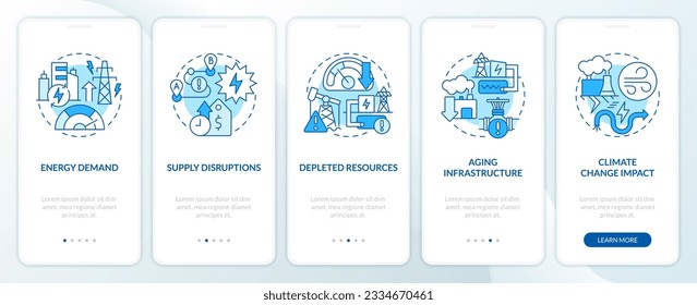 2D thin line blue icons representing carbon border adjustment mobile app screen set. 5 steps graphic instructions, UI, UX, GUI template.