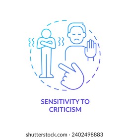 2D thin line gradient icon sensitivity to criticism concept, isolated vector, blue illustration representing codependent relationship.