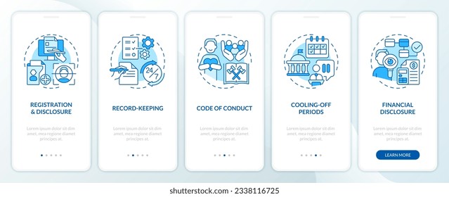 2D thin line icons representing lobbying government mobile app screen set. 5 steps graphic instructions, UI, UX, GUI template.