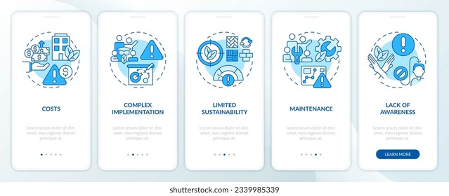 2D thin line icons representing sustainable office mobile app screen set. 5 steps graphic instructions, UI, UX, GUI template.