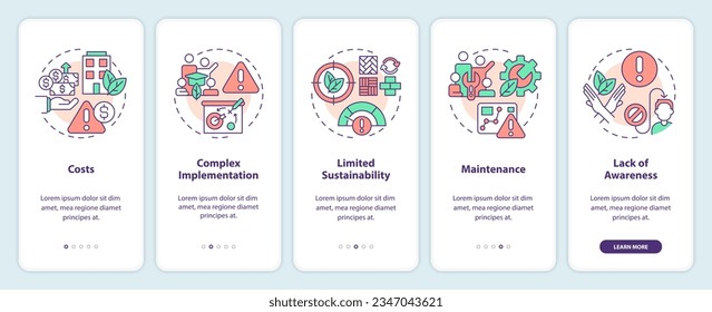 2D thin line icons representing sustainable office mobile app screen set. 5 steps graphic instructions, UI, UX, GUI template.