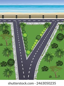 2D top view of two lanes of automobile highway in the city near seaside, seashore. Park rush with tree on both sides of road. Royalty free. Editable. EPS 10.