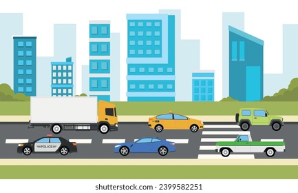 2D Traffic city with building view landscape, flat design illustration background, side view, more car and train