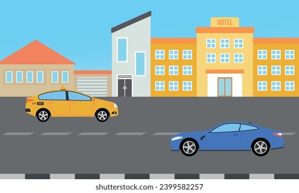 2D Traffic city with building view landscape, flat design illustration background, side view, more car and train