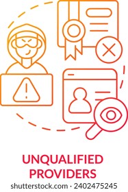 2D unqualified providers thin line gradient icon concept, isolated vector, red illustration representing online therapy.