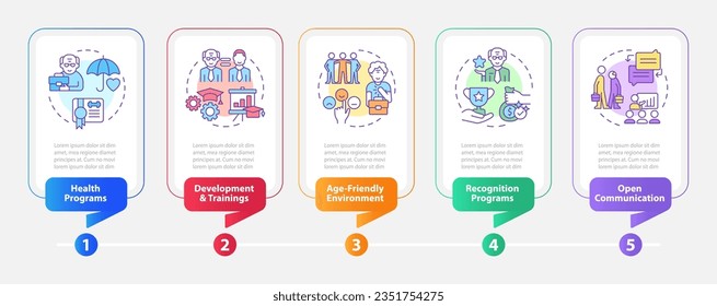 2D unretirement vector infographics multicolor template with thin line icons concept, data visualization with 5 steps, process timeline chart.