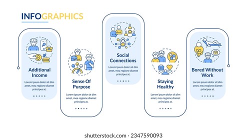 2D unretirement vector infographics template, data visualization with 5 steps, process timeline chart.