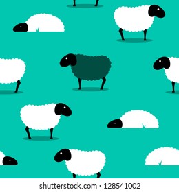 2D vector of a black sheep amongst white sheep on a green solid background, eps8.