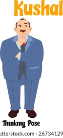 Kushal, personagem de desenho animado vetorial 2D, em uma pose pensativa pensativa, perfeita para ideias de negócios, tomada de decisão, resolução de problemas e narrativa em animações, apresentações e vídeos explicativos. Descer