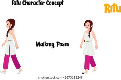 2D vector cartoon character Ritu in walking poses. Perfect for animations, explainer videos, motion scenes, storytelling, and educational content. Use this character for dynamic actions. Download now.