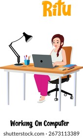 2D vector cartoon character Ritu working on computer at desk. Ideal for office scenes, animations, explainer videos, storytelling, and educational content. Add realism to projects. Download now.