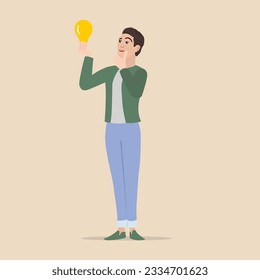 2D Vector cartoon Smart Businessman Holding lightbulb. Help or Creative Thinking Idea Concept.
