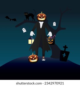 2d or vector character Halloween jack lantern illustration with coffin, ghost, cat and bat. Happy Halloween vector illustration.