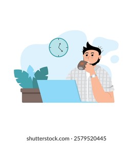 2d vector character illustration who is sleepy while working and to avoid feeling sleepy, drinking coffee is the solution