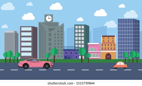 2D Vector Cityscape Roads clock and Cars. This is a flat illustration with beautiful buildings, trees and clouds. This can give an energy to your project!
